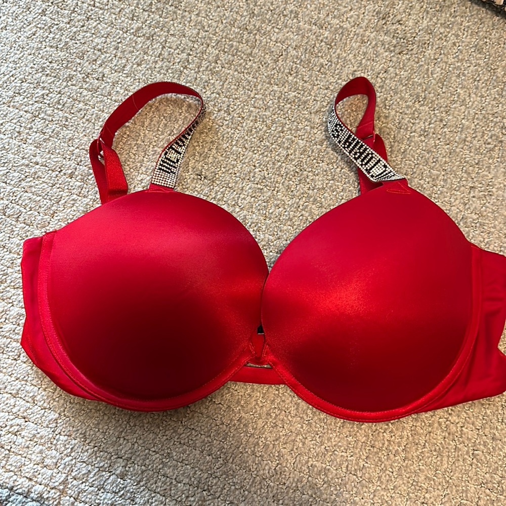 Red padded rhinestone bra